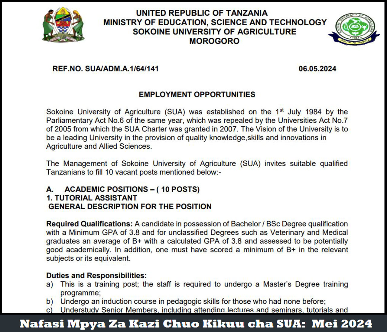 Nafasi Mpya Za Kazi Chuo Kikuu cha SUA Mwisho wa Kutuma Maombi ni 19 Mei 2024