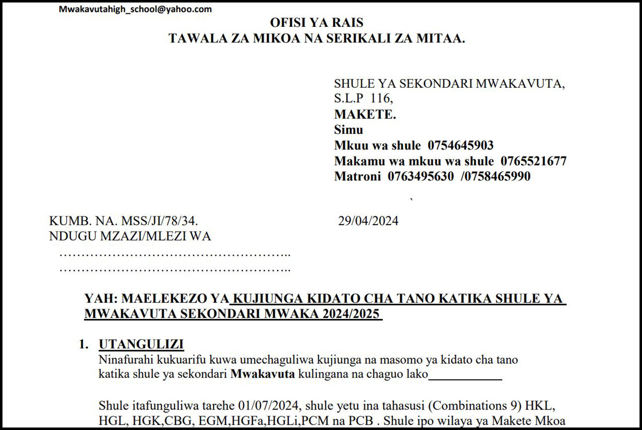 Fomu za Kujiunga Na Shule Kidato Cha Tano