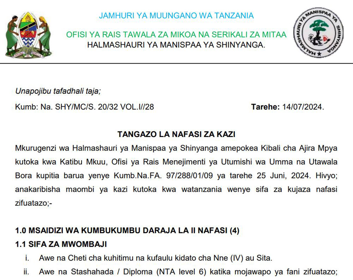 Ajira Mpya Shinyanga Halmashauri ya Manispaa Yatangaza Nafasi mbalimbali Mwisho wa Kutuma Maombi ni 25 Julai 2024