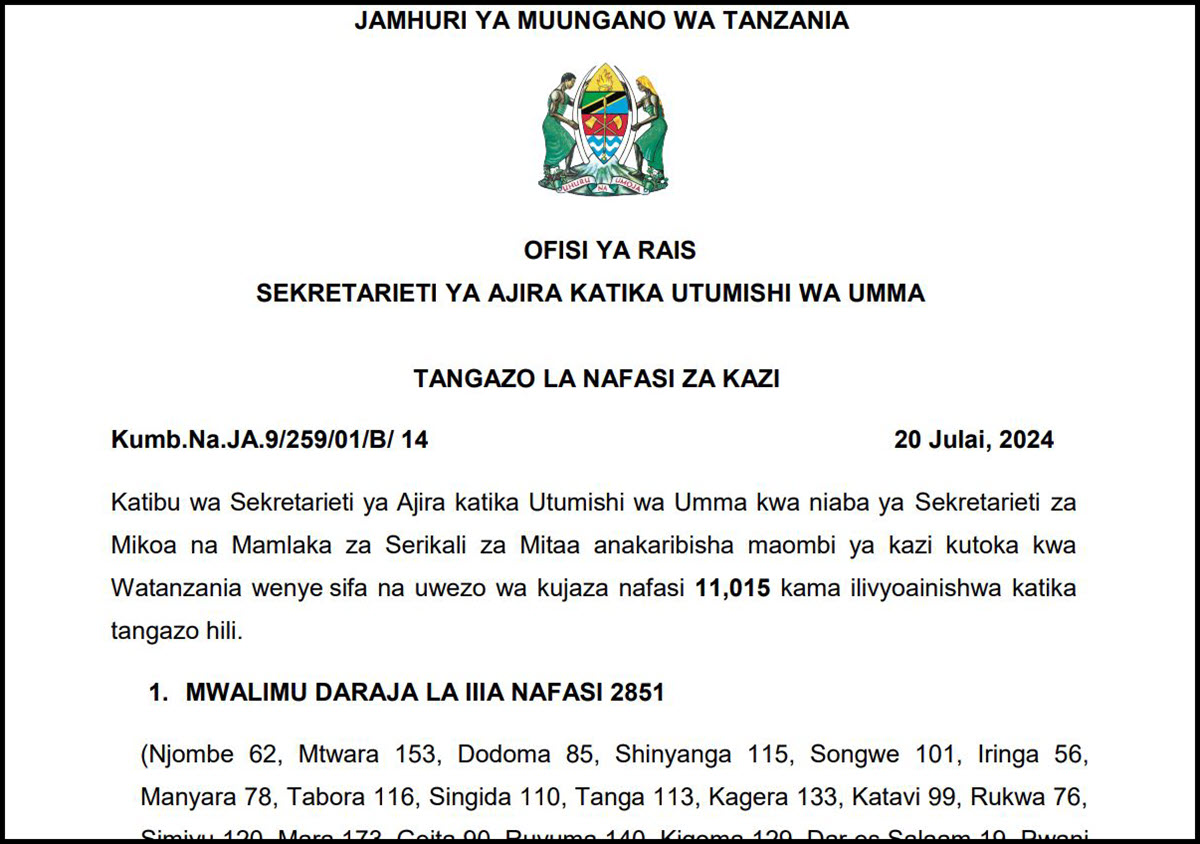 Ajira Mpya za Walimu Tanzania 2024 Nafasi 11015 Zatangazwa Maombi Hadi Agosti 2