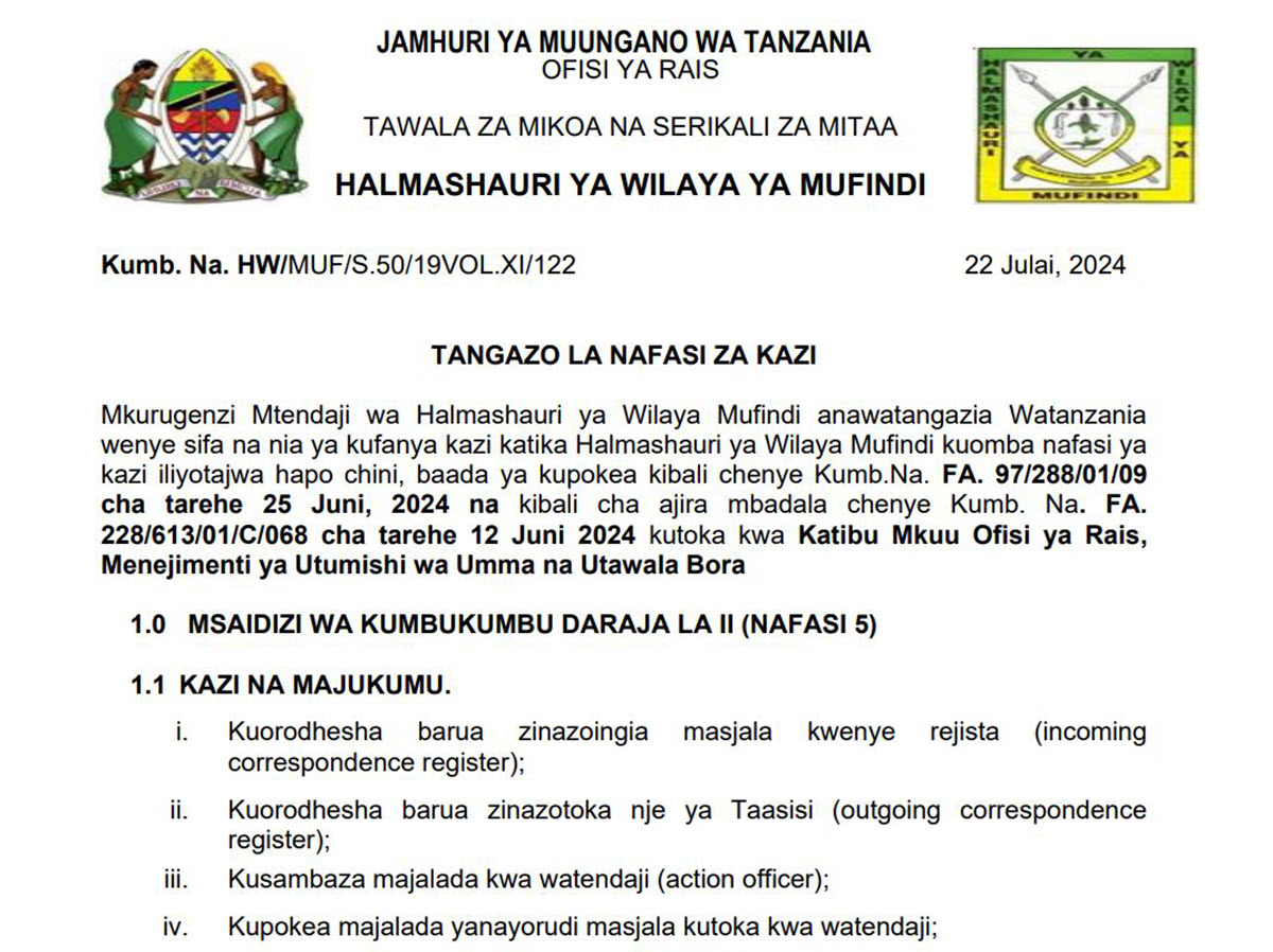 Nafasi Mpya za Kazi Halmashauri ya Wilaya Mufindi