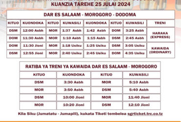 Ratiba ya Treni ya SGR Dar To Dodoma Timetable