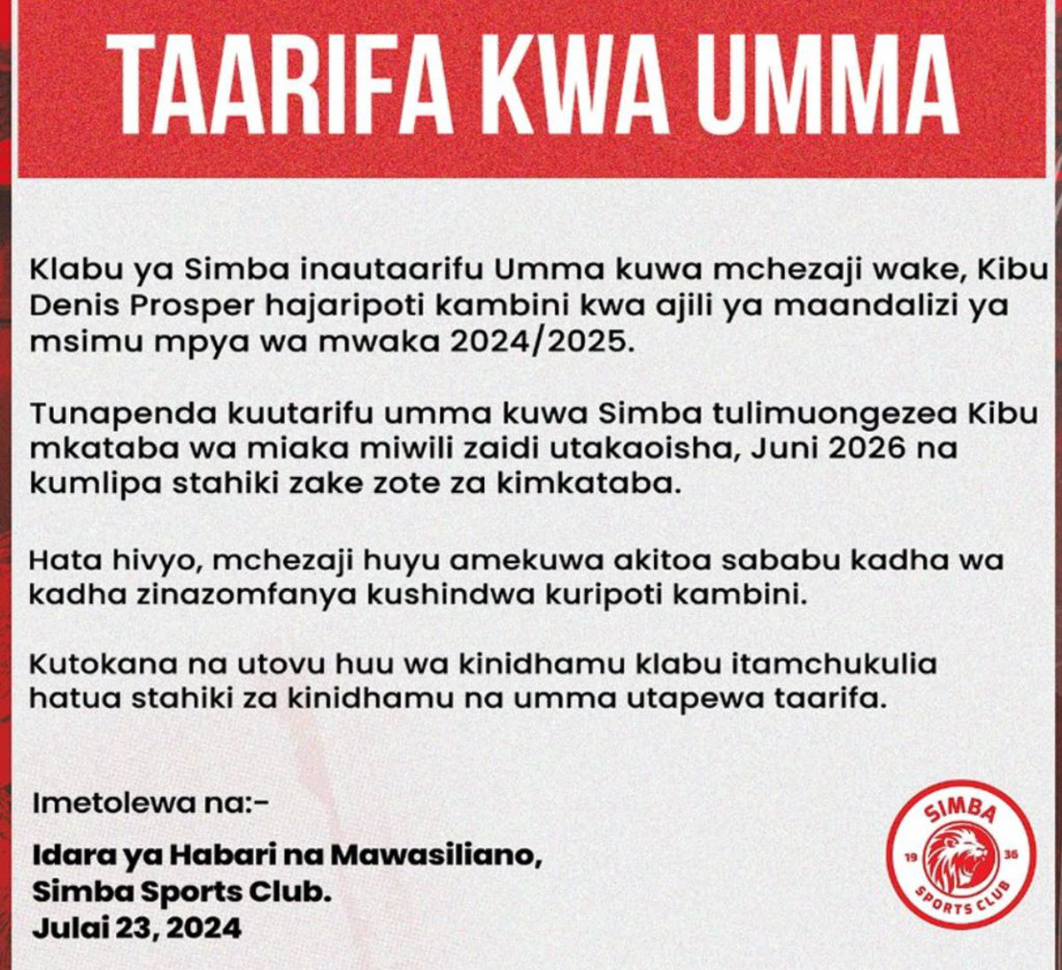 Taarifa ya simba kuhusu kibu