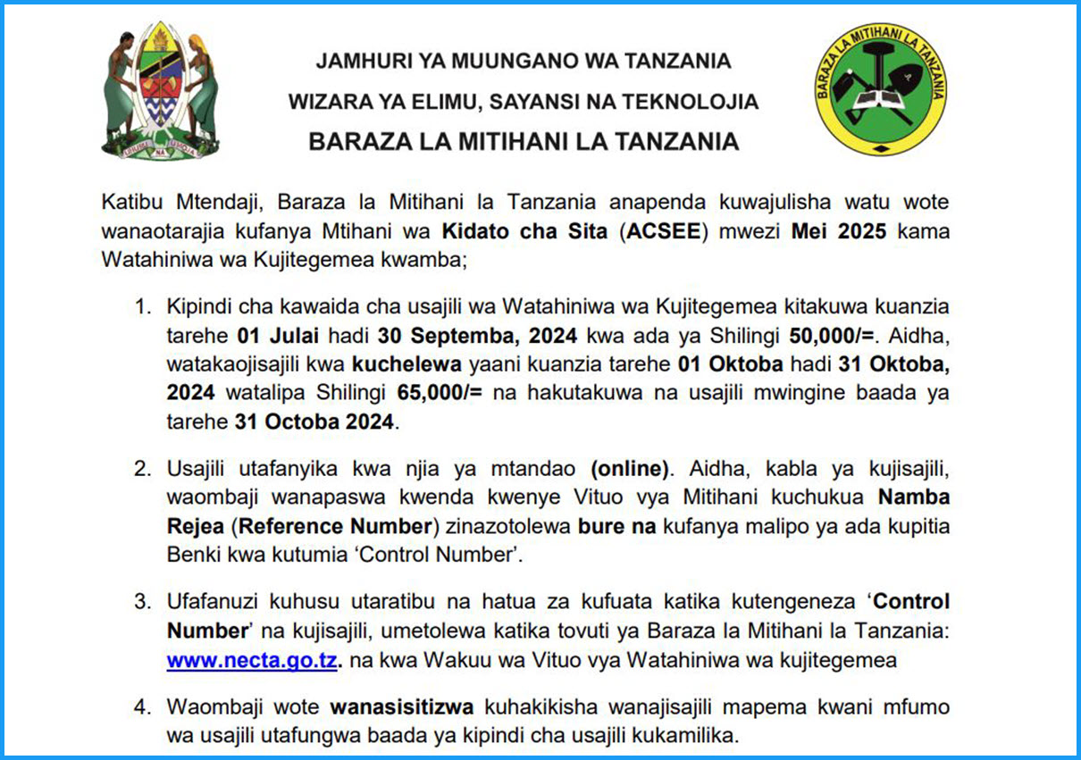 Usajili Watainiwa Kidato Cha Sita 2025 Kuanzia 01 Julai 2024