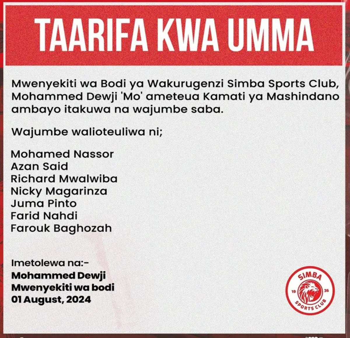 Kamati Mpya Ya Mashindano Simba Sc 2024 2025 Yatangazwa