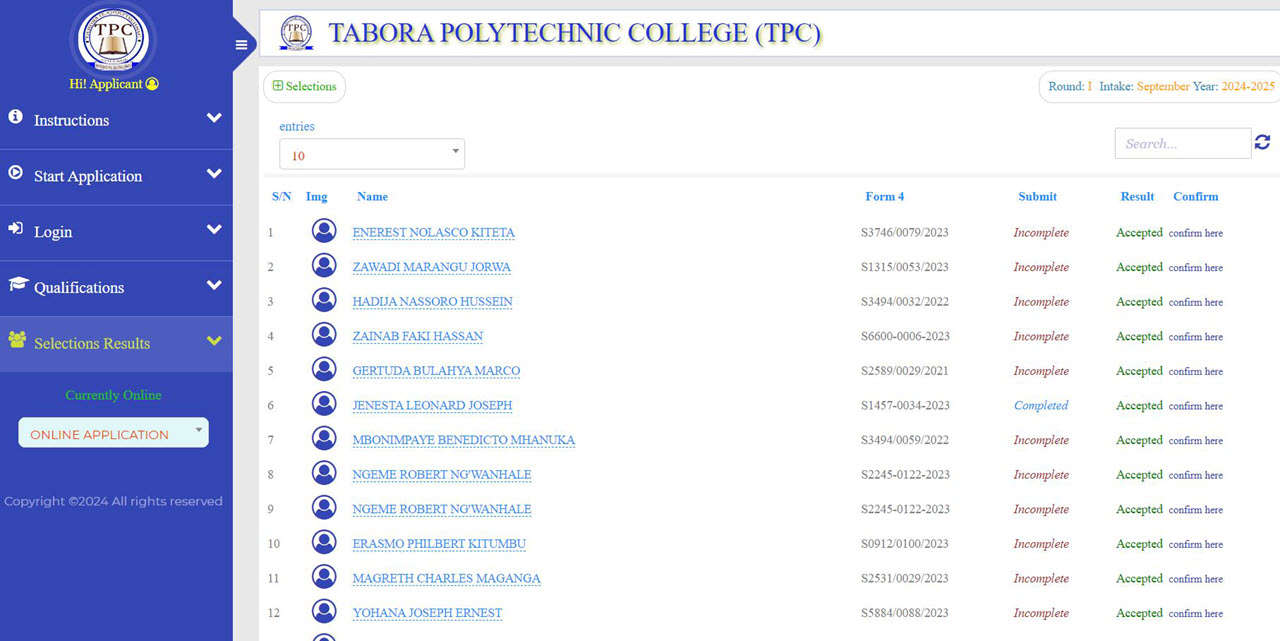 Majina ya Waliochaguliwa Tabora Polytechnic College 2024/2025