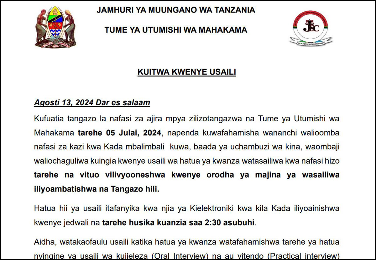 Majina ya walioitwa kwenye Usaili Tume ya Utumishi wa Mahakama JSC