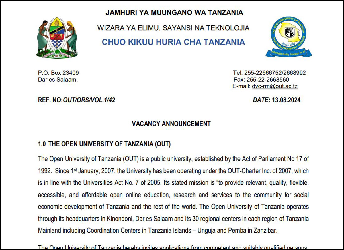 Nafasi Mpya za Kazi Chuo Kikuu Huria Cha Tanzania Agosti 2024