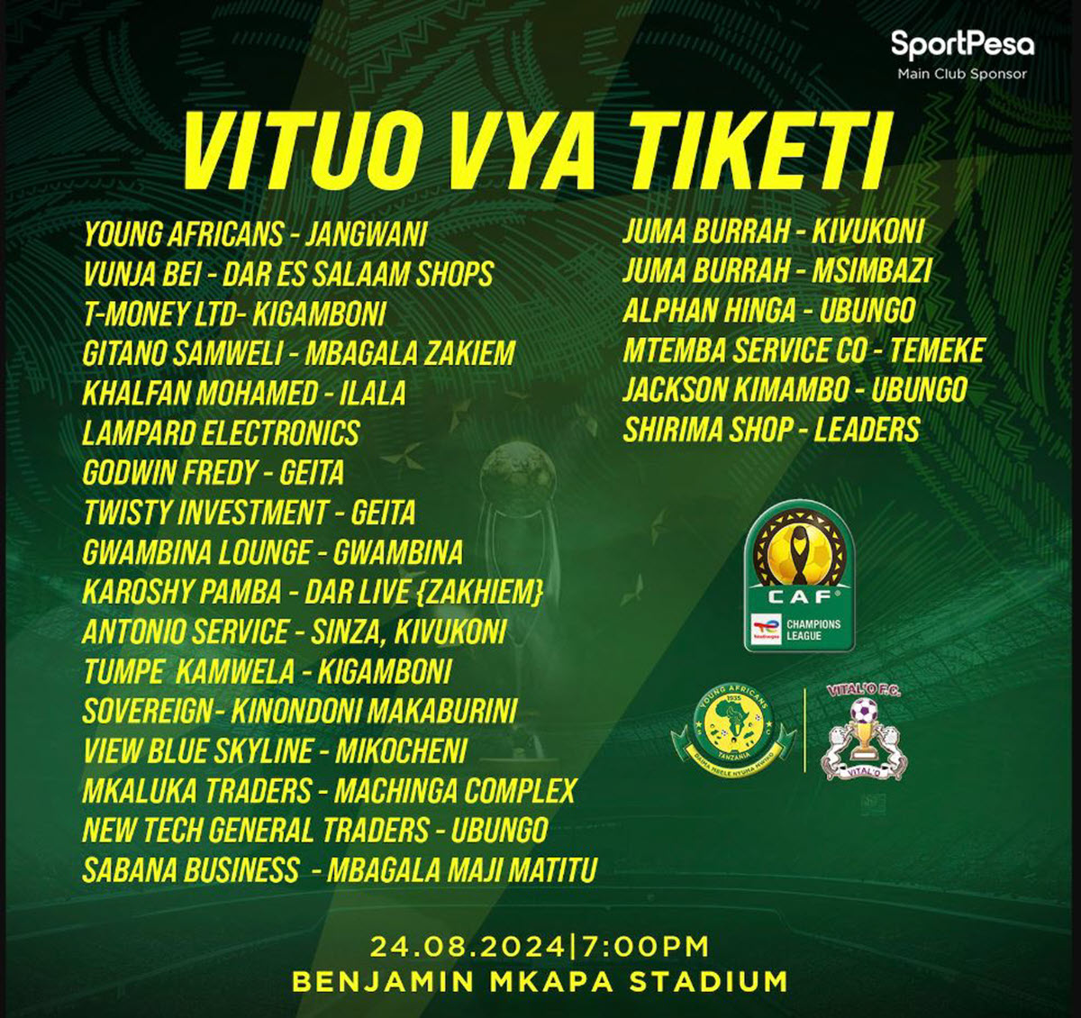 Vituo Vya Kununua Tiketi Mechi ya Yanga Vs Vitalo Klabu Bingwa