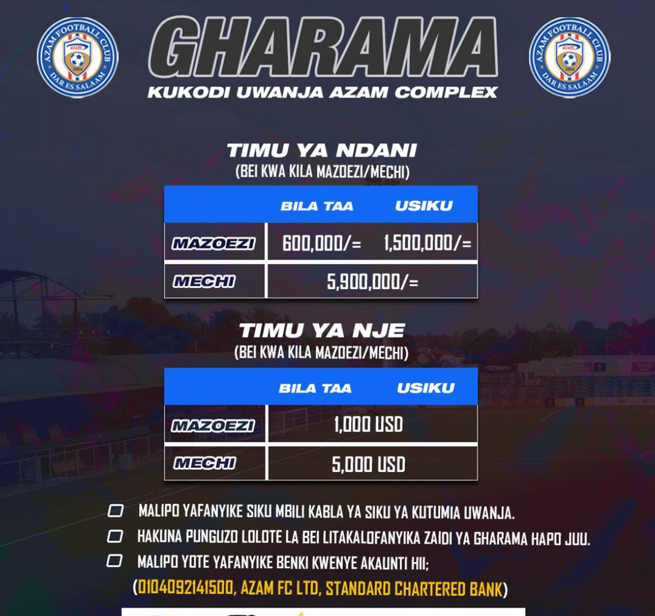 Gharama za Kukodi Uwanja wa Azam