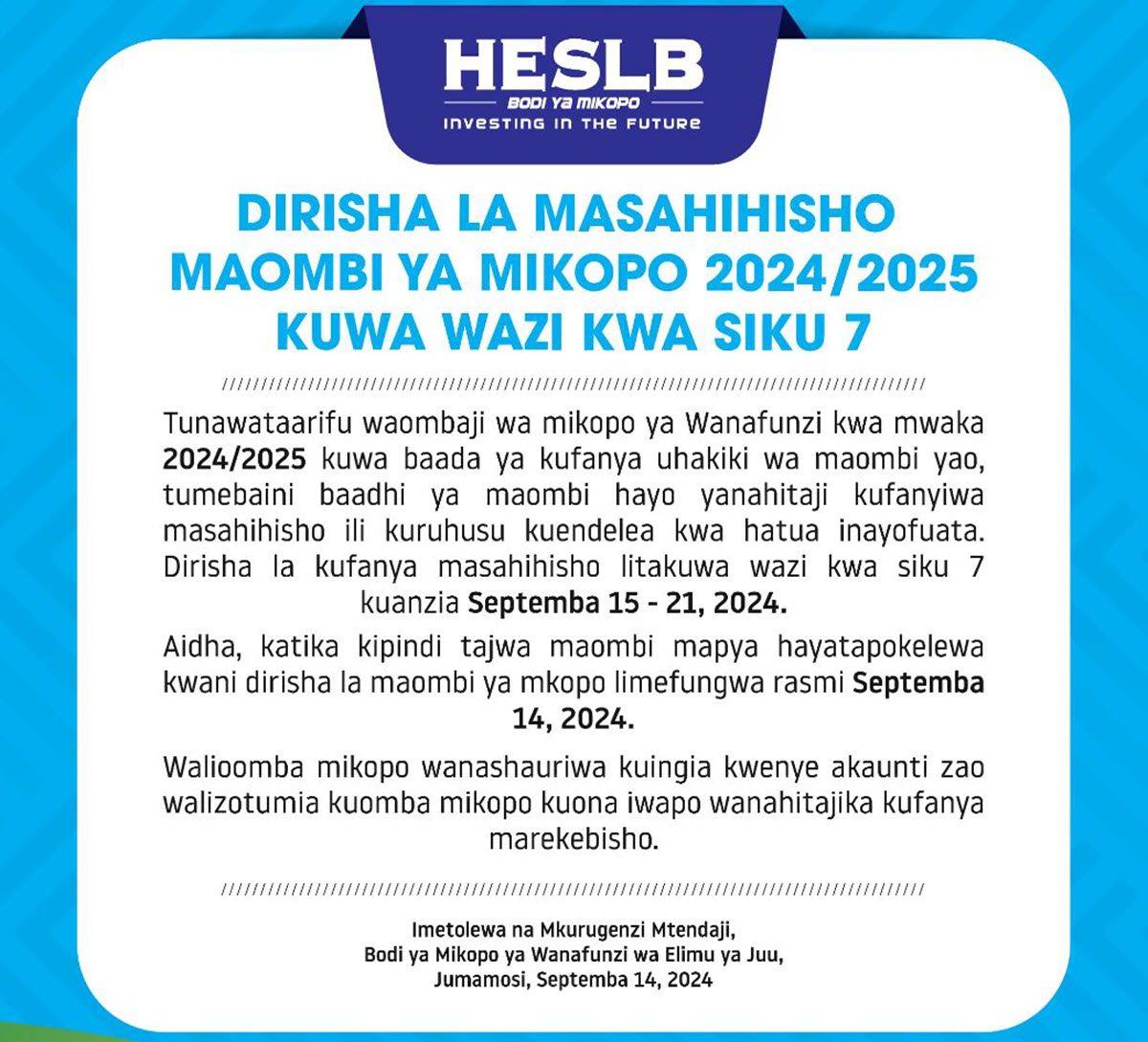 HESLB 2024 Dirisha la Marekebisho kwa Waliokosea Kuomba Mkopo Limefunguliwa