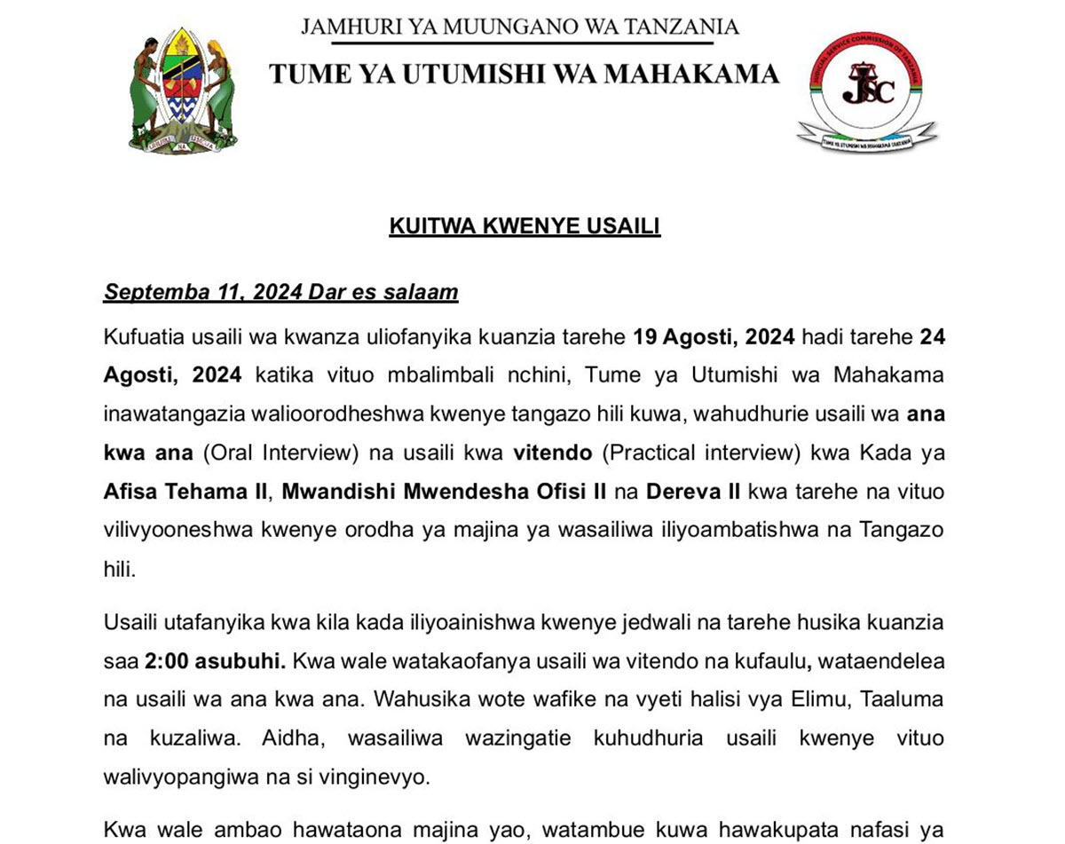Majina ya Walioitwa Kwenye Usaili Tume ya Utumishi wa Mahakama (JSC) Septemba 11 2024