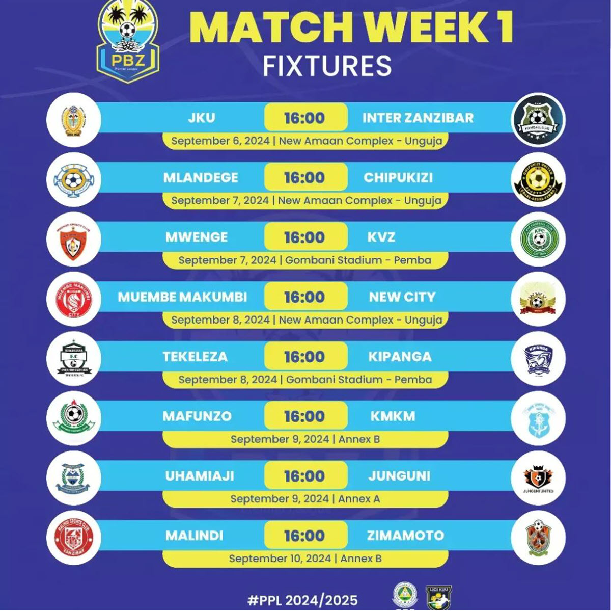 Ratiba YA Ligi Kuu Ya Zanzibar (Pbz Premier League) 2024/2025