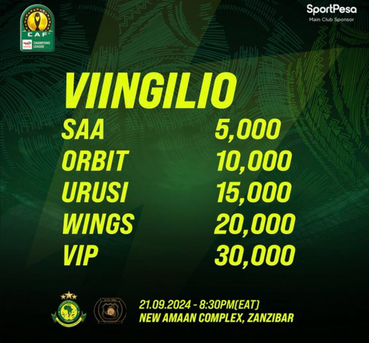 Viingilio Mechi ya Yanga Vs CBE 21/09/2024