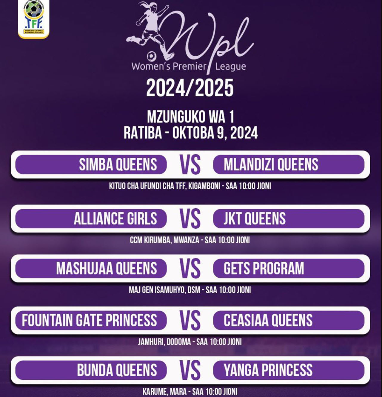 Ratiba Ligi Kuu ya Wanawake (TWPL) 2024/2025