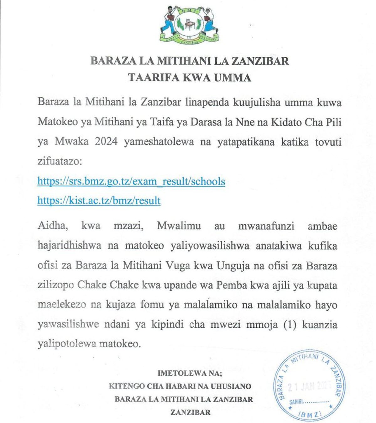 Matokeo ya Kidato Cha Pili Zanzibar 2024 (Form Two results)