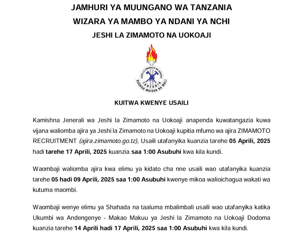 Usaili Jeshi la Zimamoto 2025 Kuanza Aprili 5 17 2025