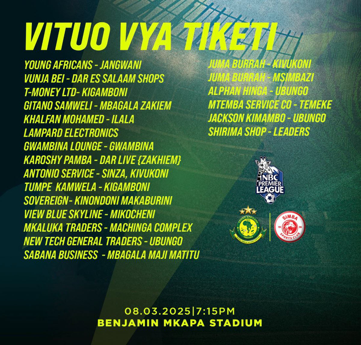 Vituo Vya Kununua Tiketi za Mechi ya Yanga vs Simba 08/03/2025