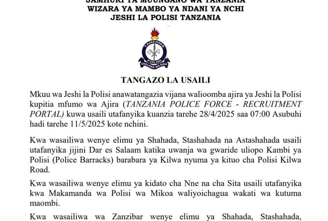 Majina ya Walioitwa Kwenye Usaili Jeshi la Polisi Tanzania April 2025