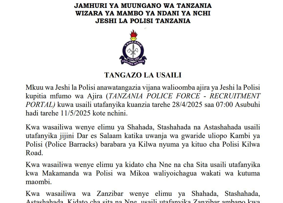 Majina ya Walioitwa Kwenye Usaili Jeshi la Polisi Tanzania April 2025