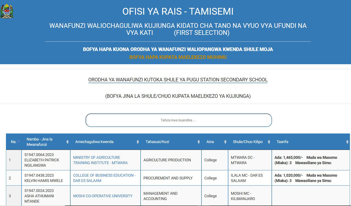 Pakua na Angalia Orodha ya Majina ya Waliochaguliwa