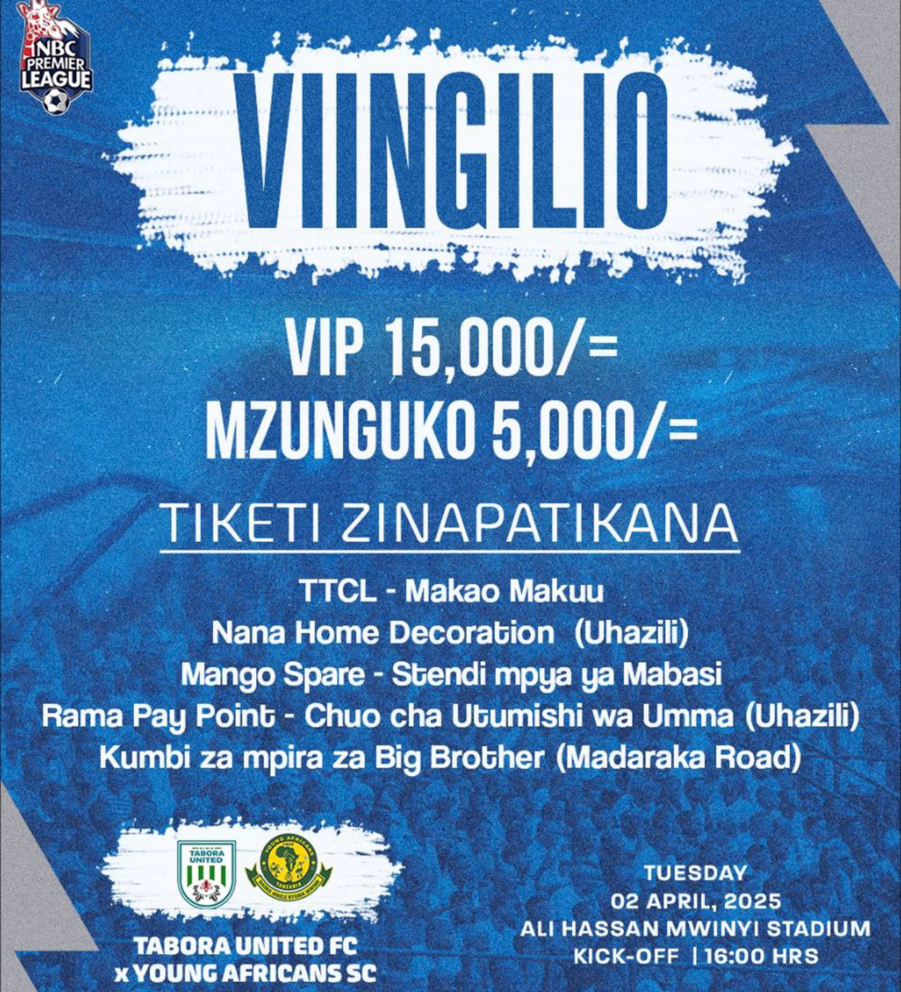Viingilio Mechi ya Tabora united Vs Yanga SC Leo 02/04/2025