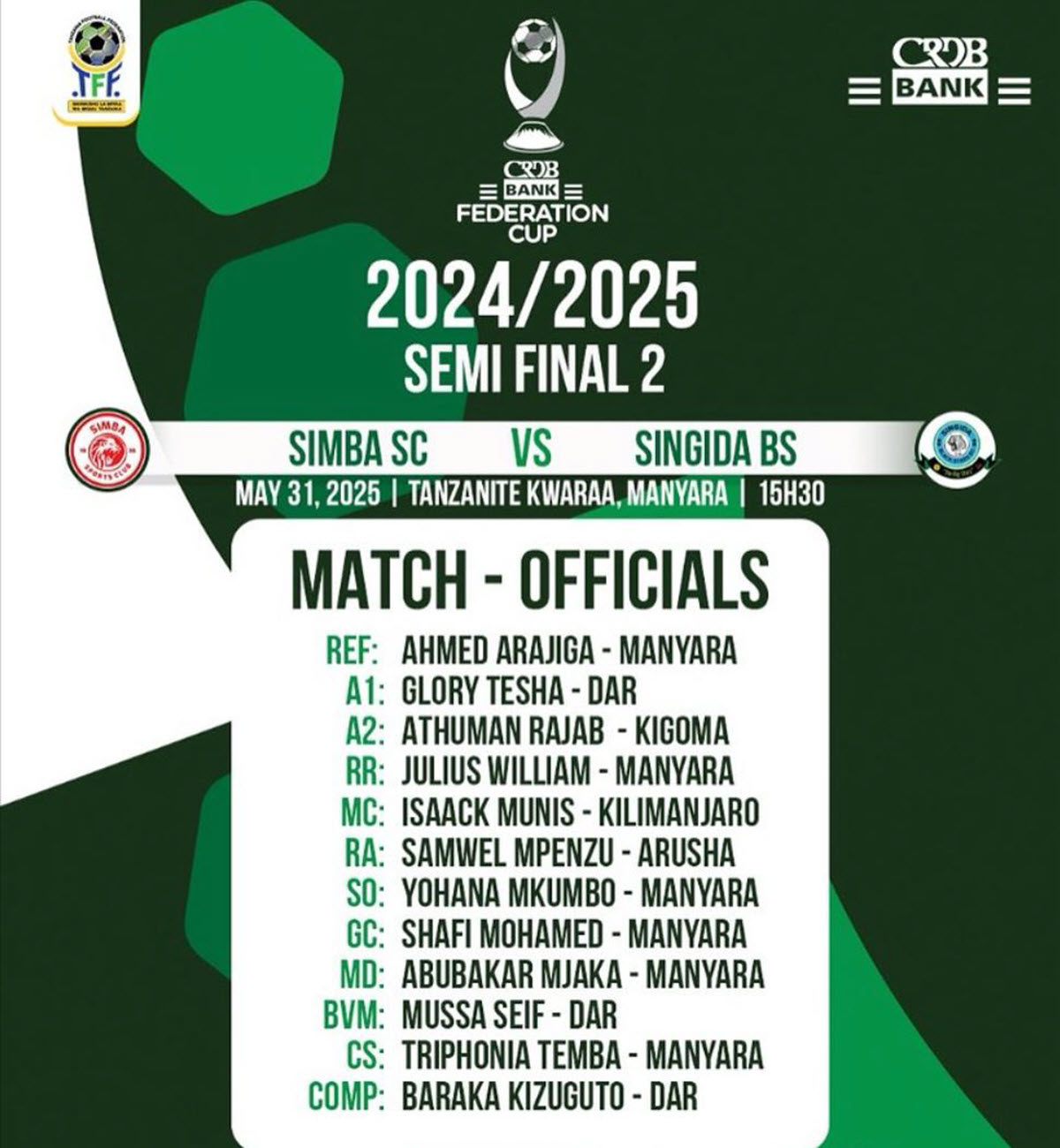 Maofisa wa Mechi ya Nusu Fainali CRDB Bank Federation Cup 2024/2025