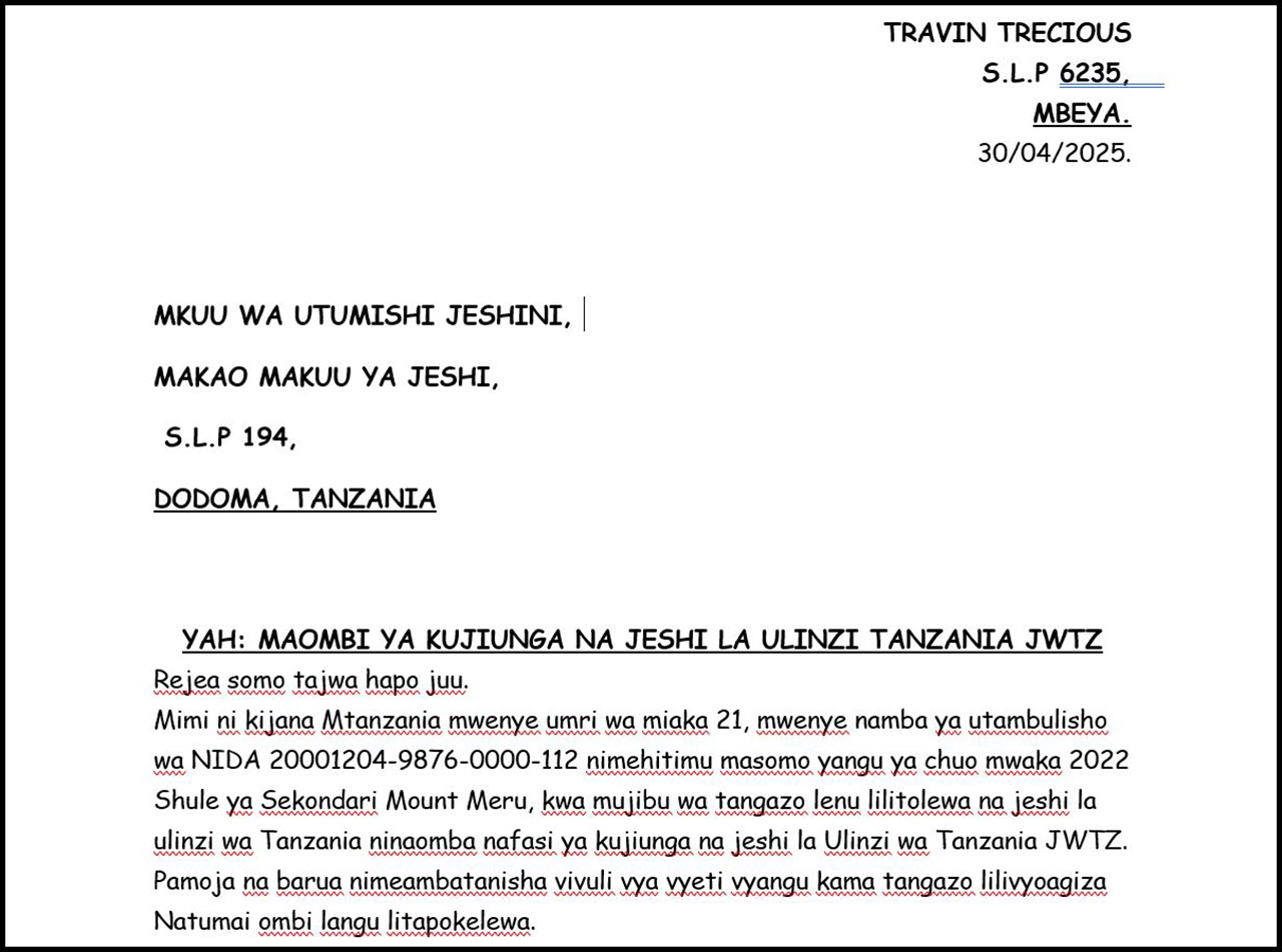 Mfano wa Barua ya Maombi ya Kazi Jeshi la JWTZ