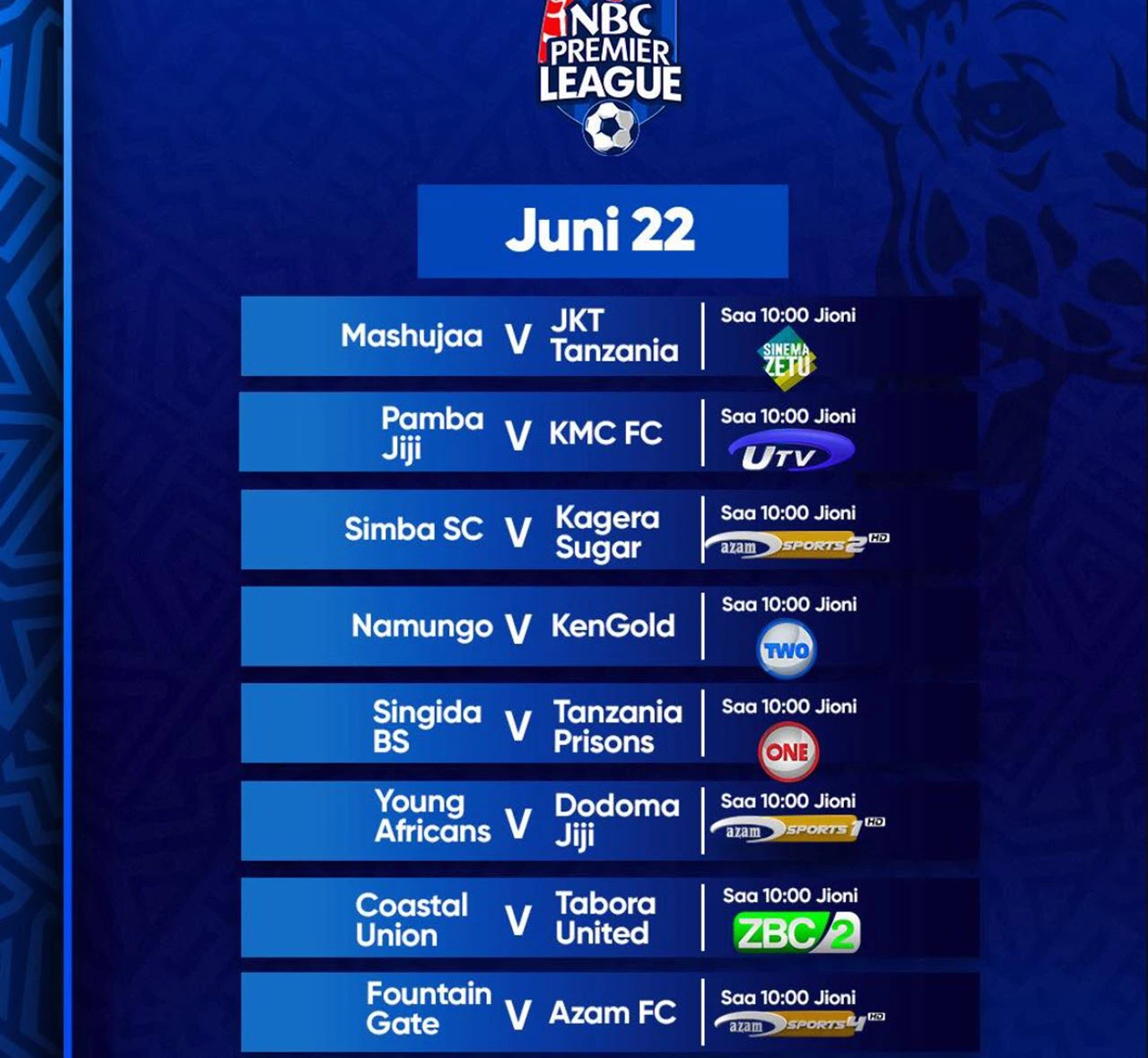 Ratiba ya Mechi za Leo Ligi Kuu ya NBC 22/06/2025