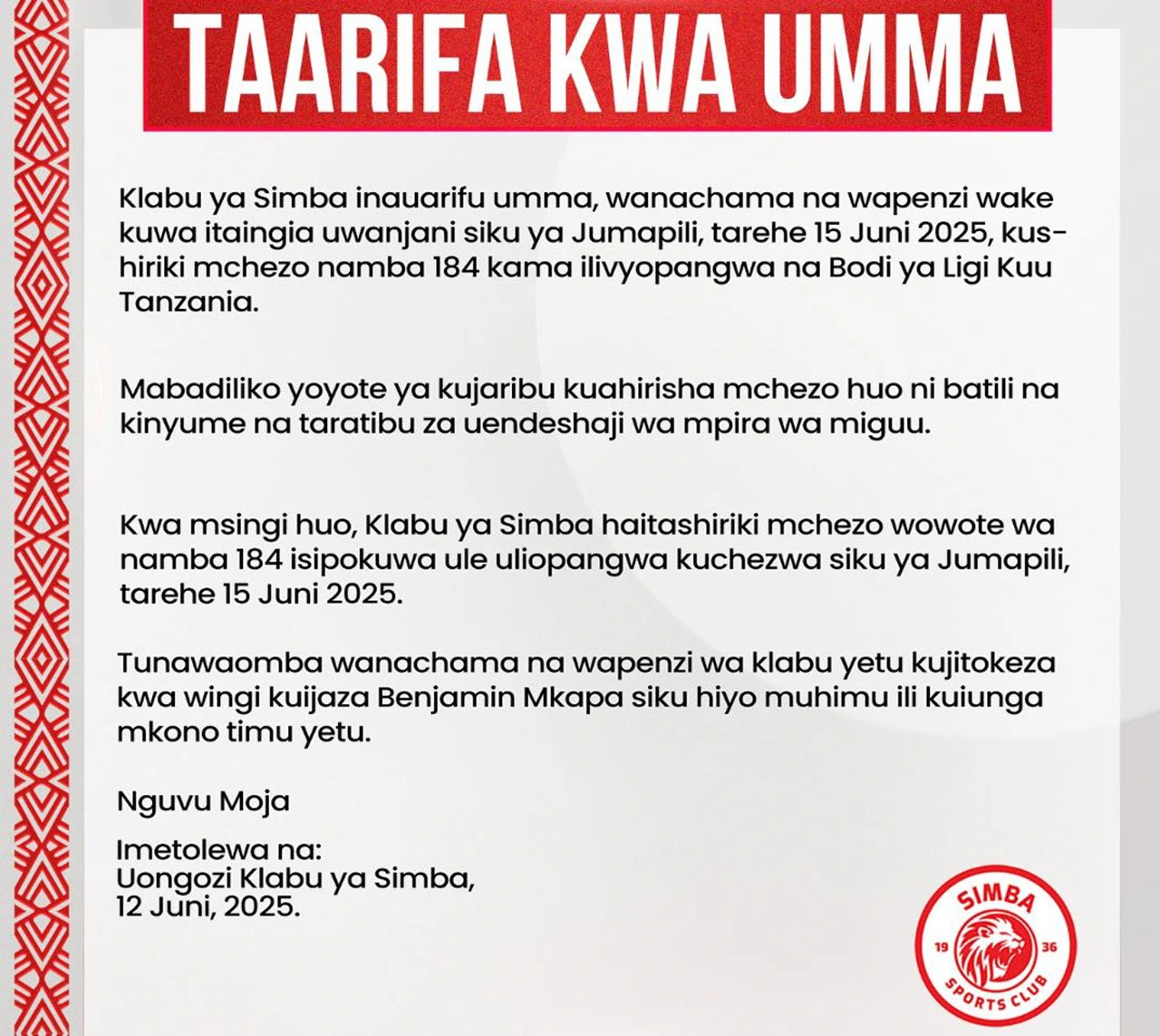 Simba Kususia Dabi Nyingine Kama Yanga Hawatoshiriki Mchezo wa June 15