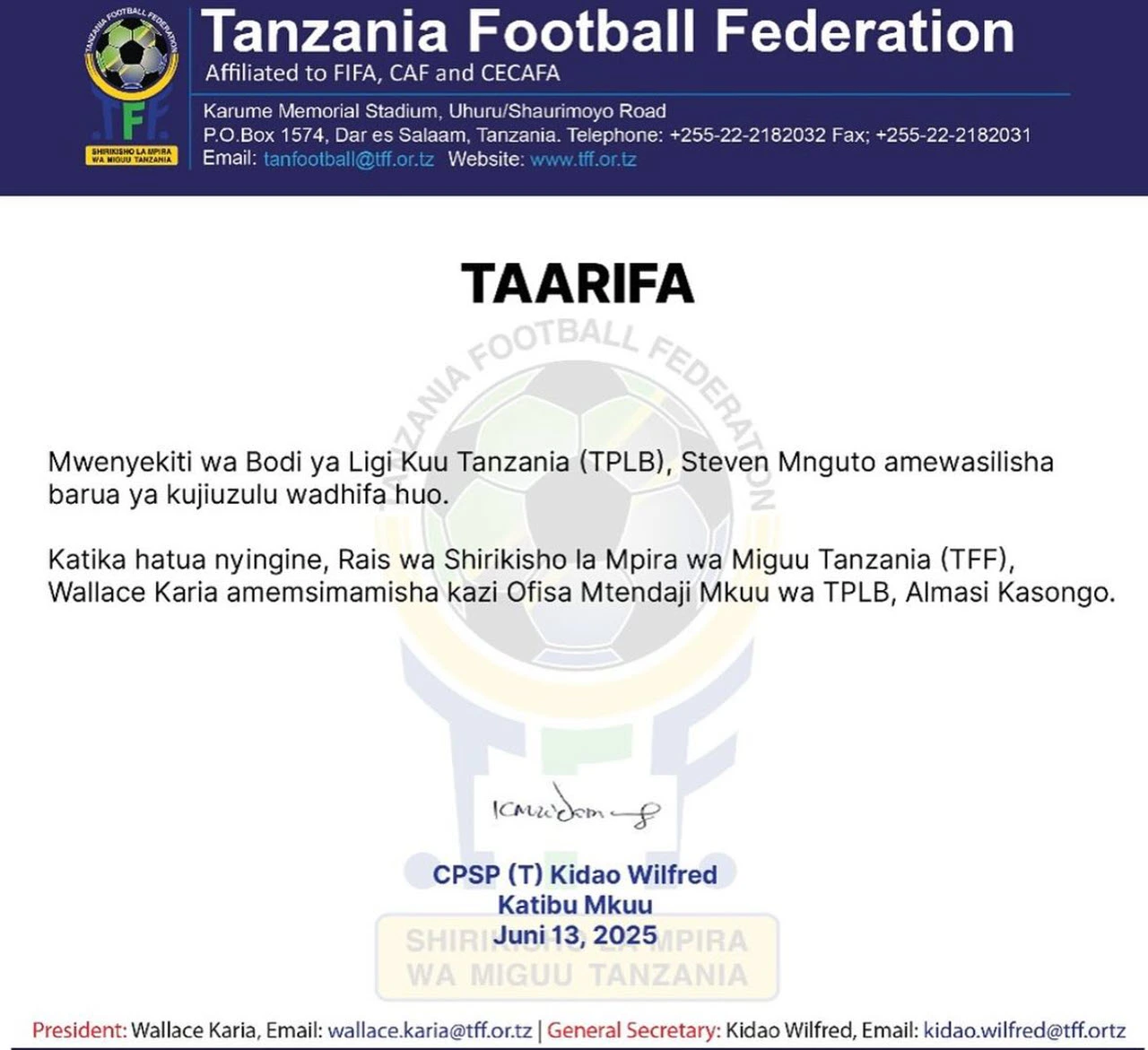 Ofisa Mtendaji Mkuu wa TPLB Almasi Kasongo Asimamishwa Kazi na TFF
