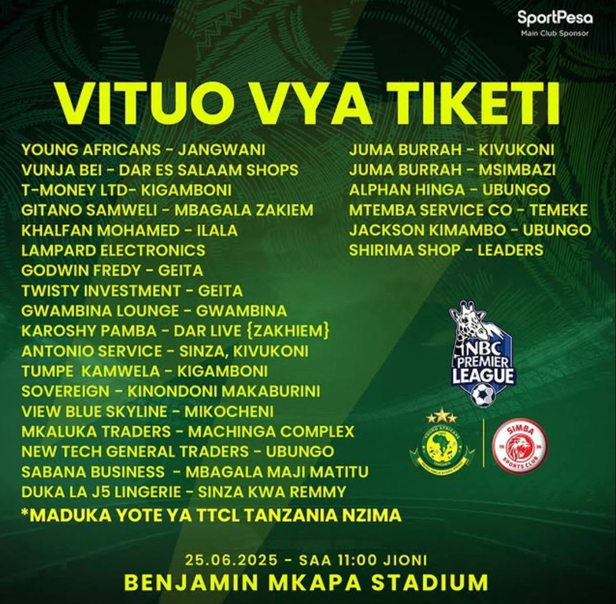 Vituo Vya Tiketi Mechi ya Yanga Vs Simba 25/06/2025