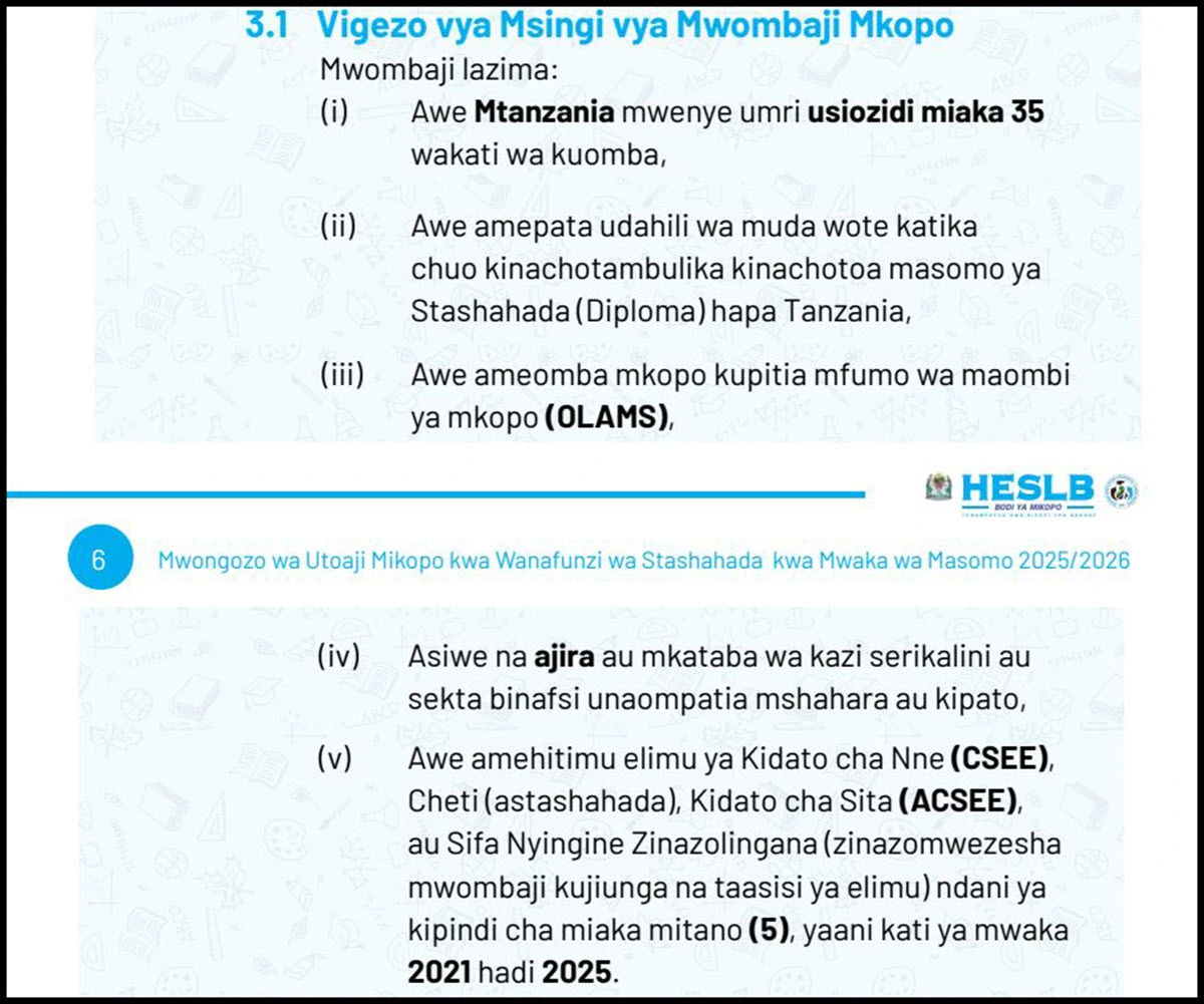 Vigezo vya Kupata Mkopo Ngazi ya Diploma 2025/2026