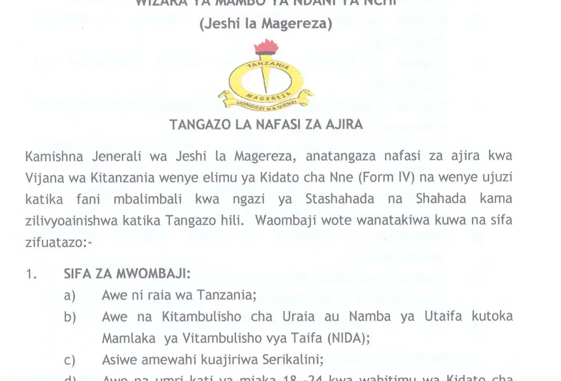 Nafasi za Kazi Jeshi la Magereza 2025