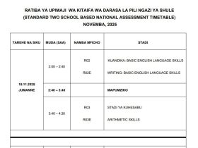 Ratiba ya Mtihani wa Upimaji wa Darasa la Pili 2025