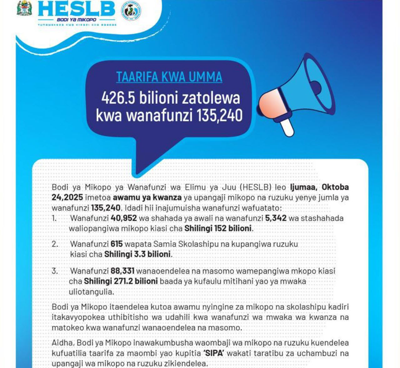 Bodi ya Mikopo HESLB Yatangaza Awamu ya Kwanza ya Wanafunzi Waliopata Mkopo 2025/2026
