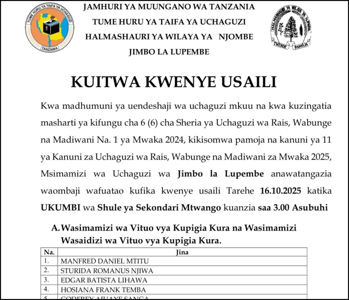 Majina Ya Usaili Kusimamia Uchaguzi 2025 Halmashauri Ya Wilaya Ya Njombe Jimbo La Lupembe
