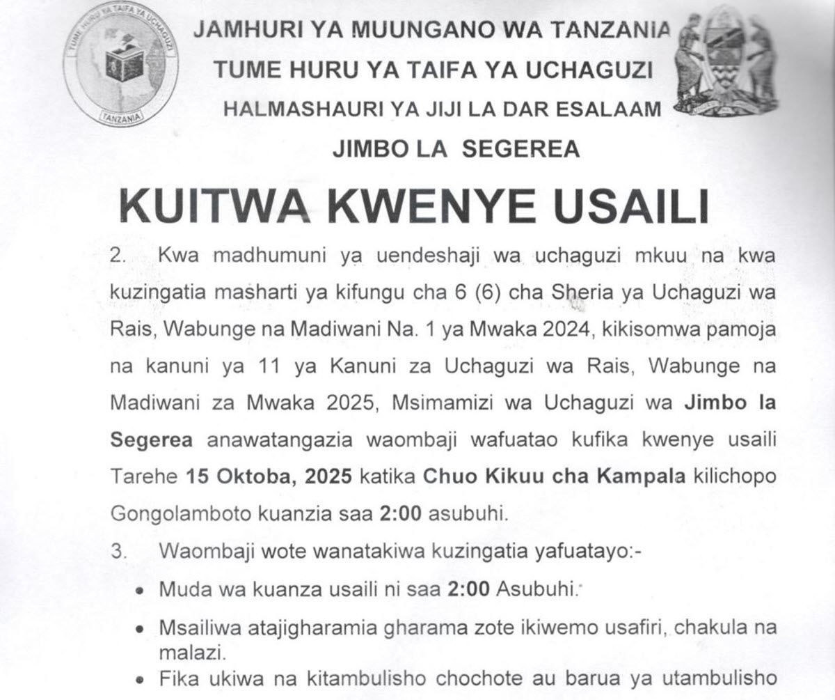 Majina ya Usaili Kusimamia Uchaguzi 2025 Segerea