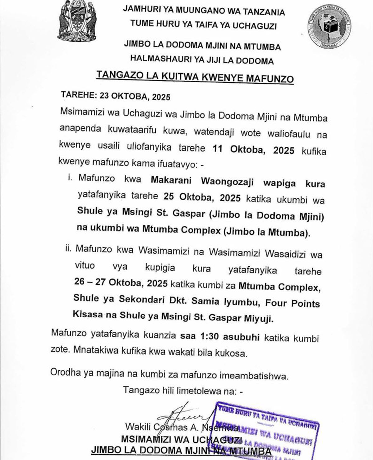 Majina ya Walioitwa Kwenye Mafunzo Kusimamia Uchaguzi 2025 Dodoma 