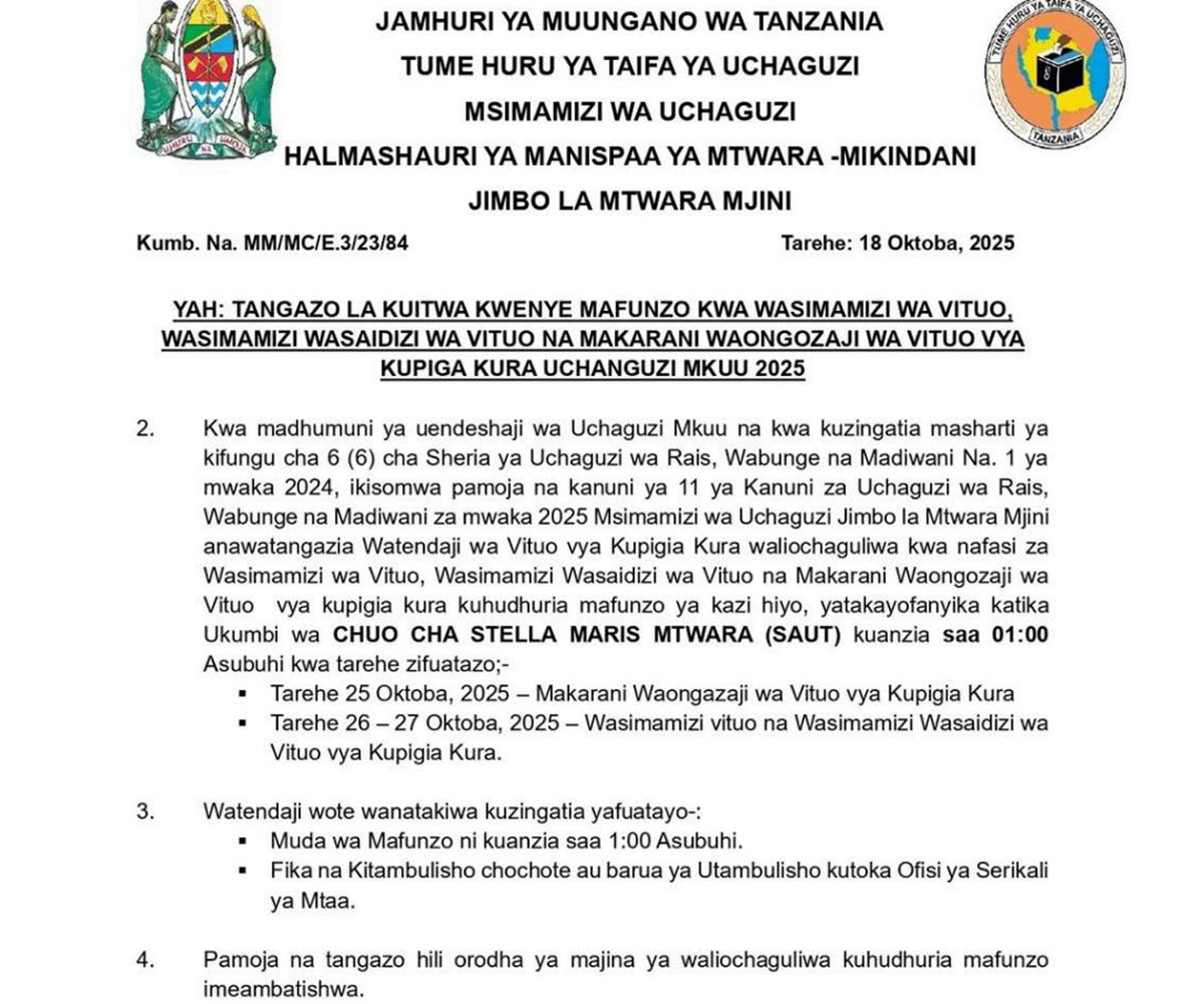 Majina ya Walioitwa kwenye Mafunzo ya Kusimamia Uchaguzi Manispaa ya Mtwara Mikindani