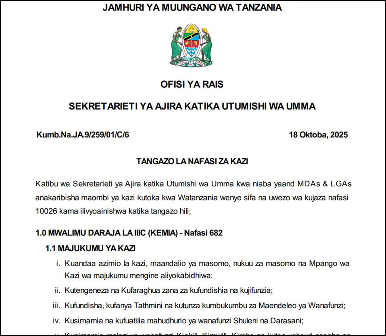 Nafasi Mpya 10026 za Kazi Walimu MDAs & LGAs 2025
