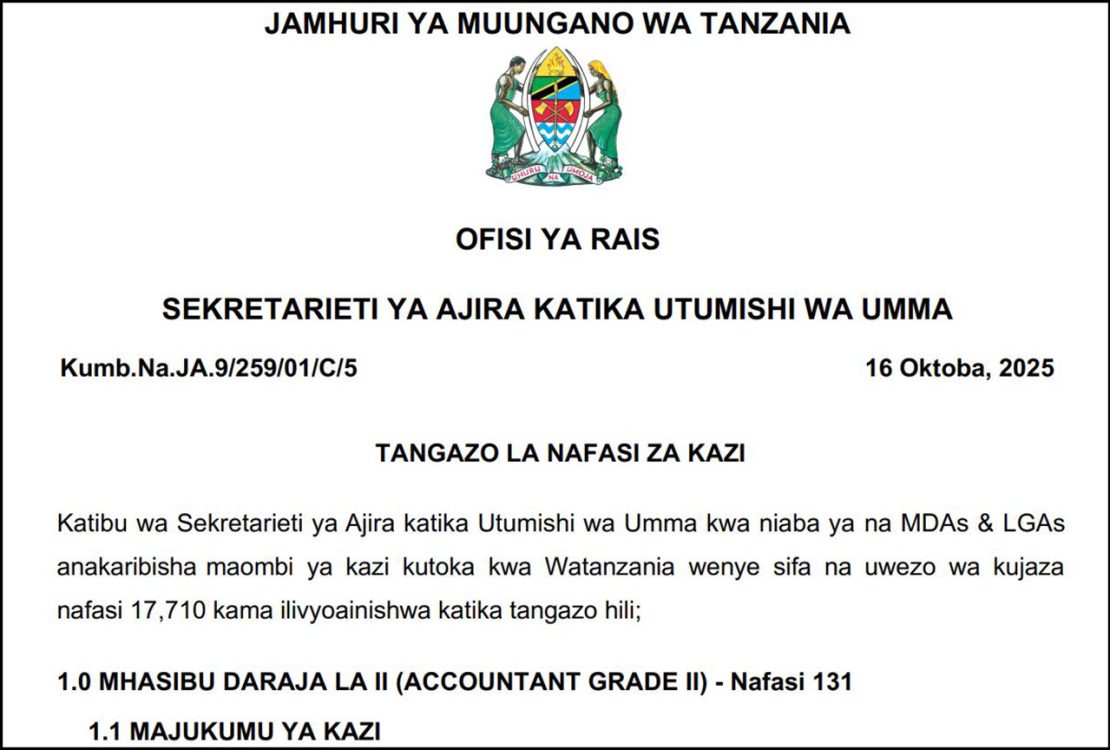 Nafasi Mpya za Kazi MDAs LGAs October 2025