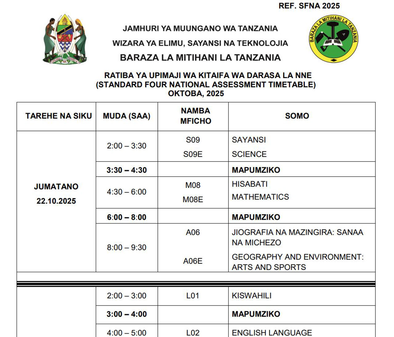 Ratiba ya Mtihani wa Darasa la Nne 2025