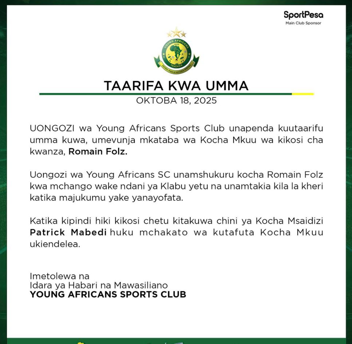 Yanga SC Yatangaza Kuachana na Kocha Wake Romain Folz