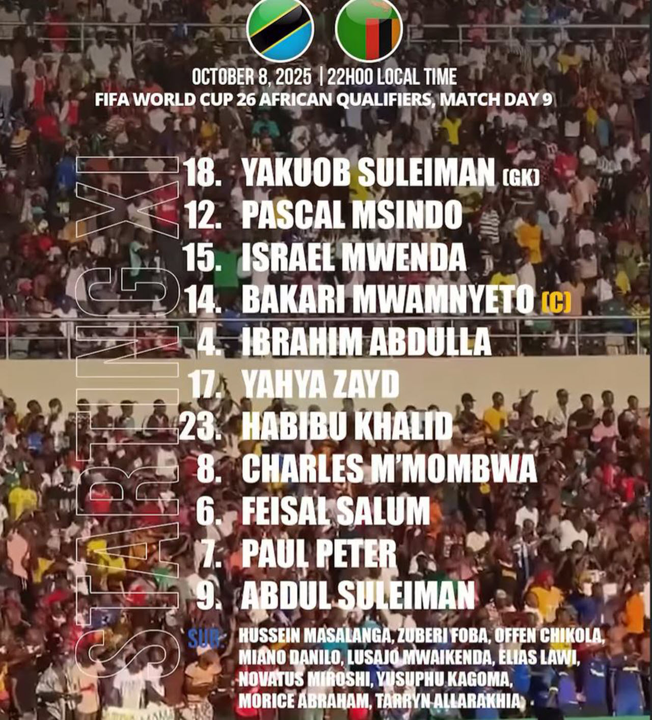 Kikosi cha Timu ya Taifa ya Tanzania Taifa Stars vs Zambia Leo Oktoba 8 2025