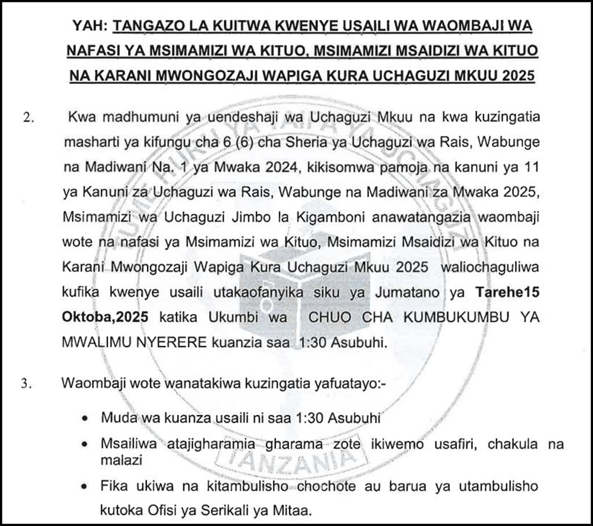 Majina ya Usaili Kusimamia Uchaguzi 2025 Kigamboni