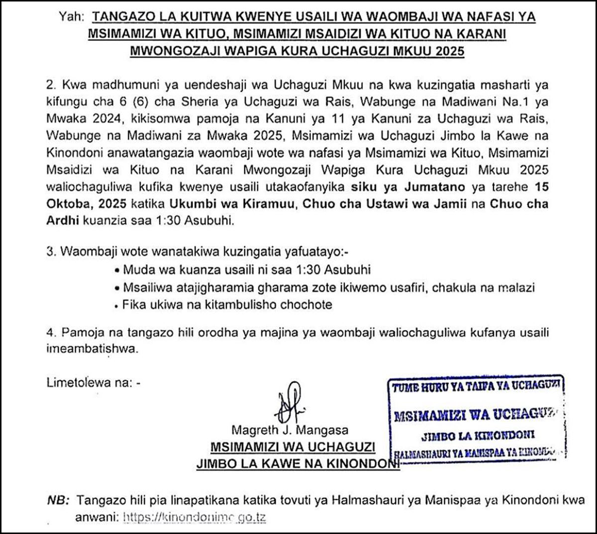 Majina ya Usaili Kusimamia Uchaguzi 2025 Manispaa Ya Kinondoni