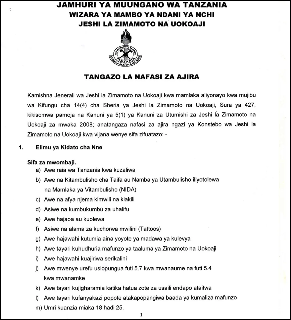 Jeshi la Zimamoto Latangaza Nafasi Mpya za Ajira kwa Vijana, Fahamu Sifa na Jinsi ya Kuomba