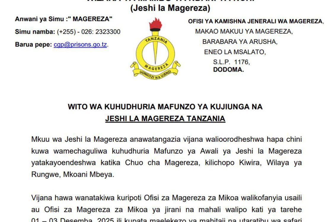 Majina ya Waliochaguliwa Kujiunga na Mafunzo Jeshi la Magereza Desemba 2025