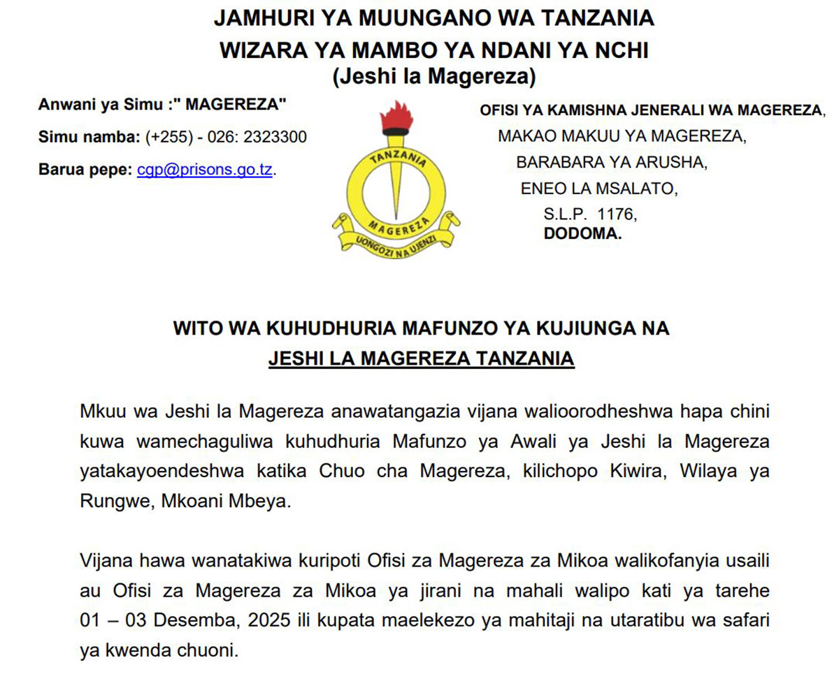 Majina ya Waliochaguliwa Kujiunga na Mafunzo Jeshi la Magereza Desemba 2025